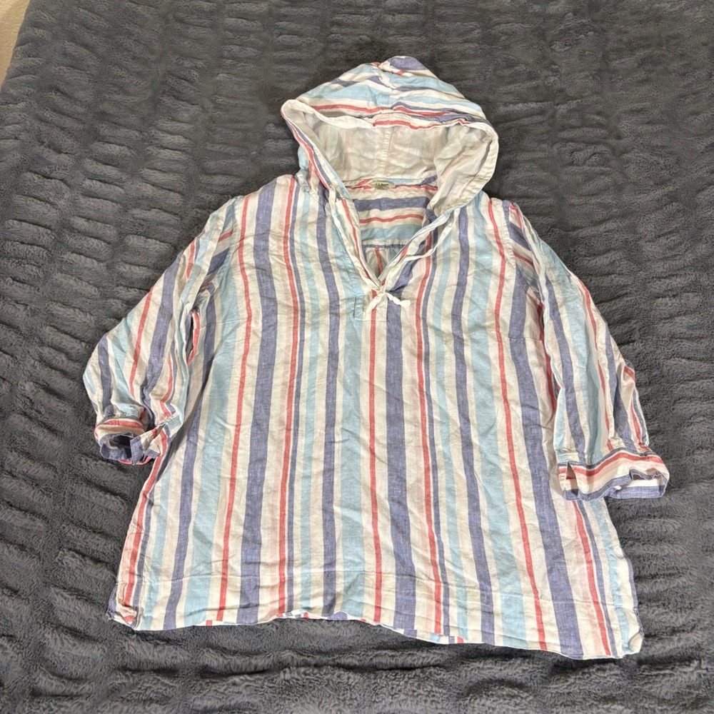LL Bean Women M Blue Red Striped 100% Linen Hooded Anorak Beach Coverup 507356